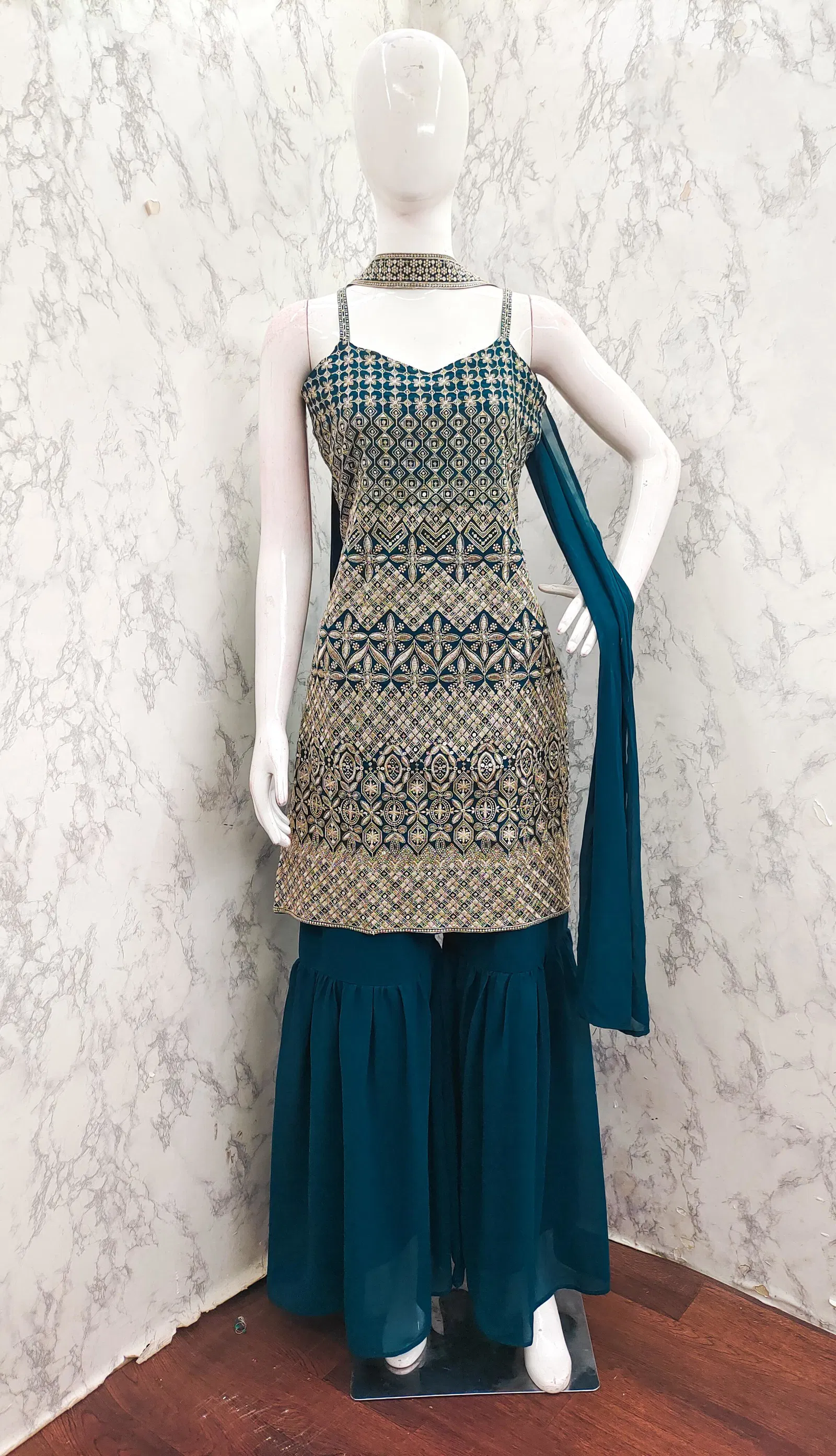 Tt 004 A to D Chinon Embroidery Readymade Suits Suppliers In India